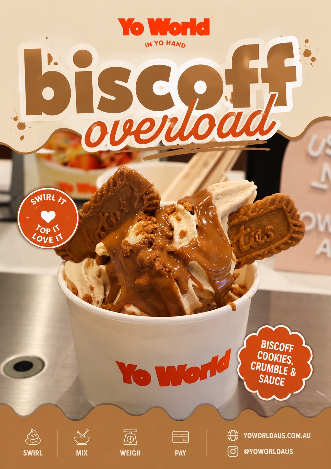 Biscoff frozen yoghurt loaded with cookies, crumble and sauce