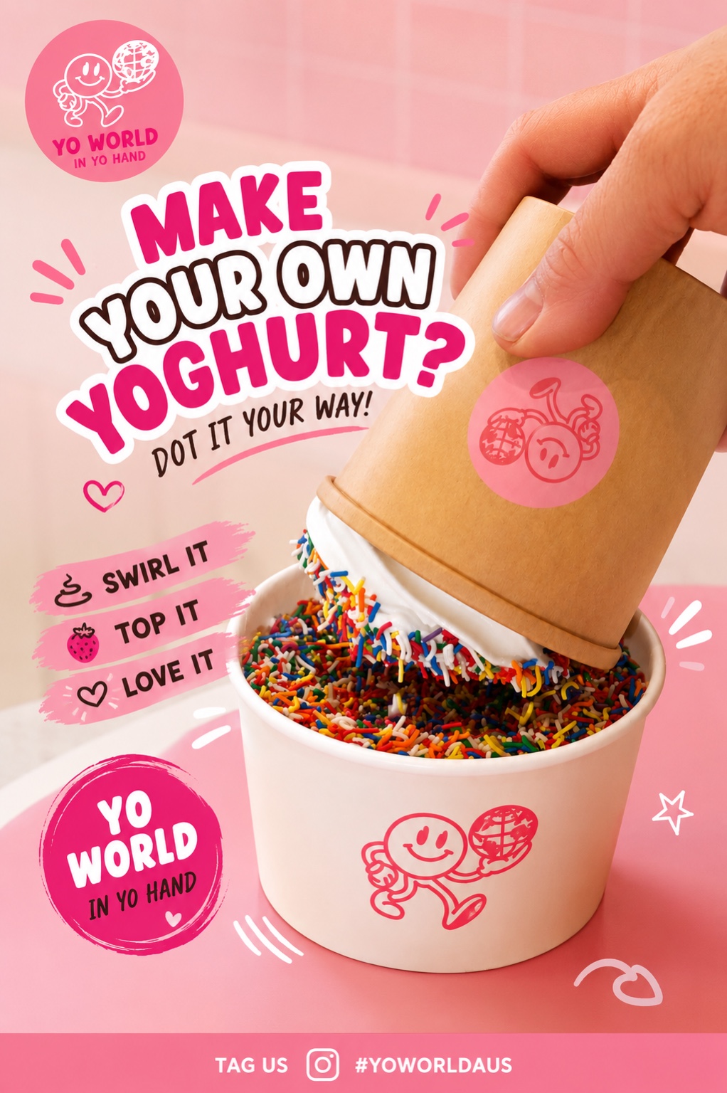Frozen yoghurt being dipped into colourful sprinkles